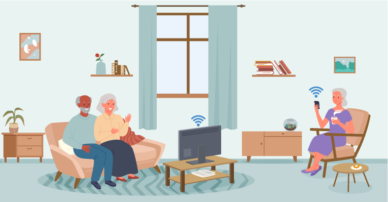 Internet for Seniors Illustration of seniors in different places in a residence. - Datavalet - Datavalet