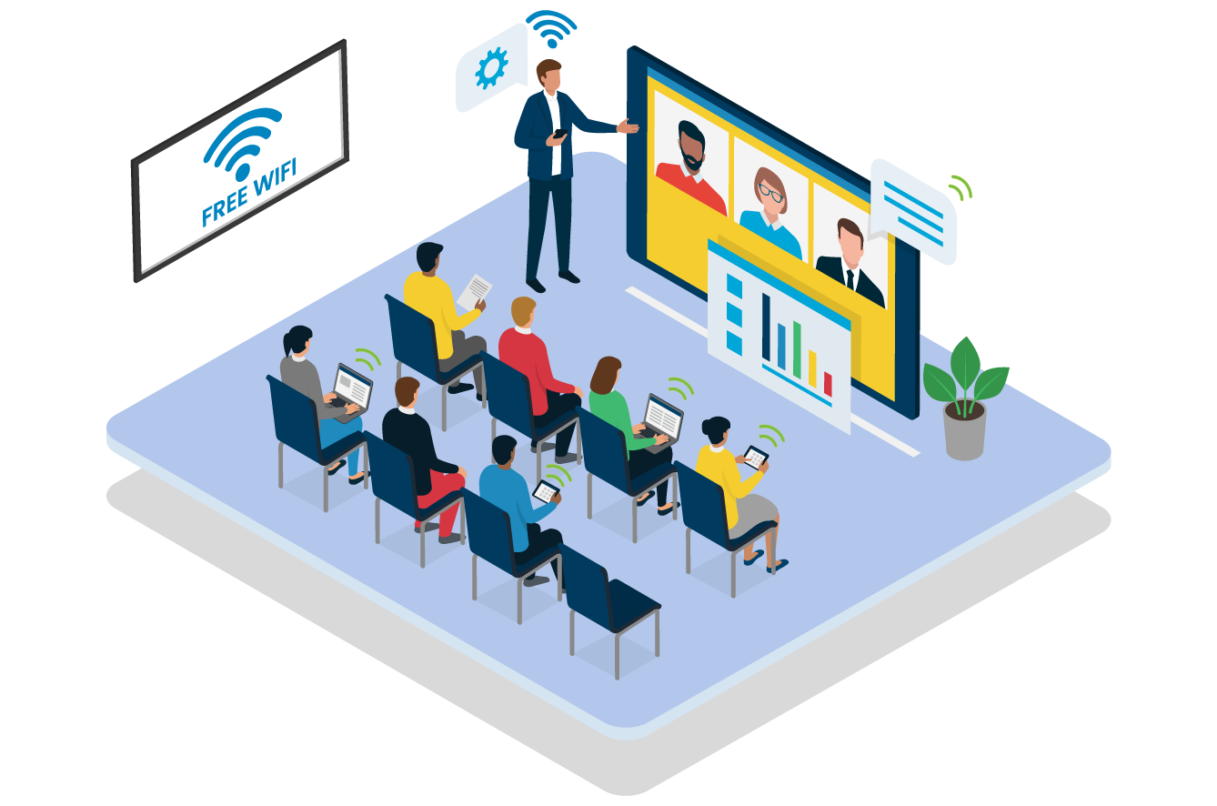 isometric illustration of wifi marketing in an conference event - Datavalet - Datavalet