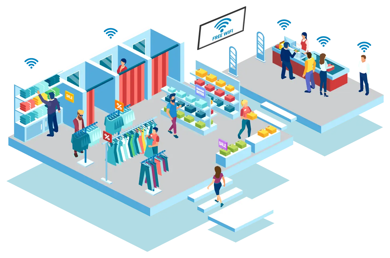 illustration of retail wifi in a clothing store - Datavalet