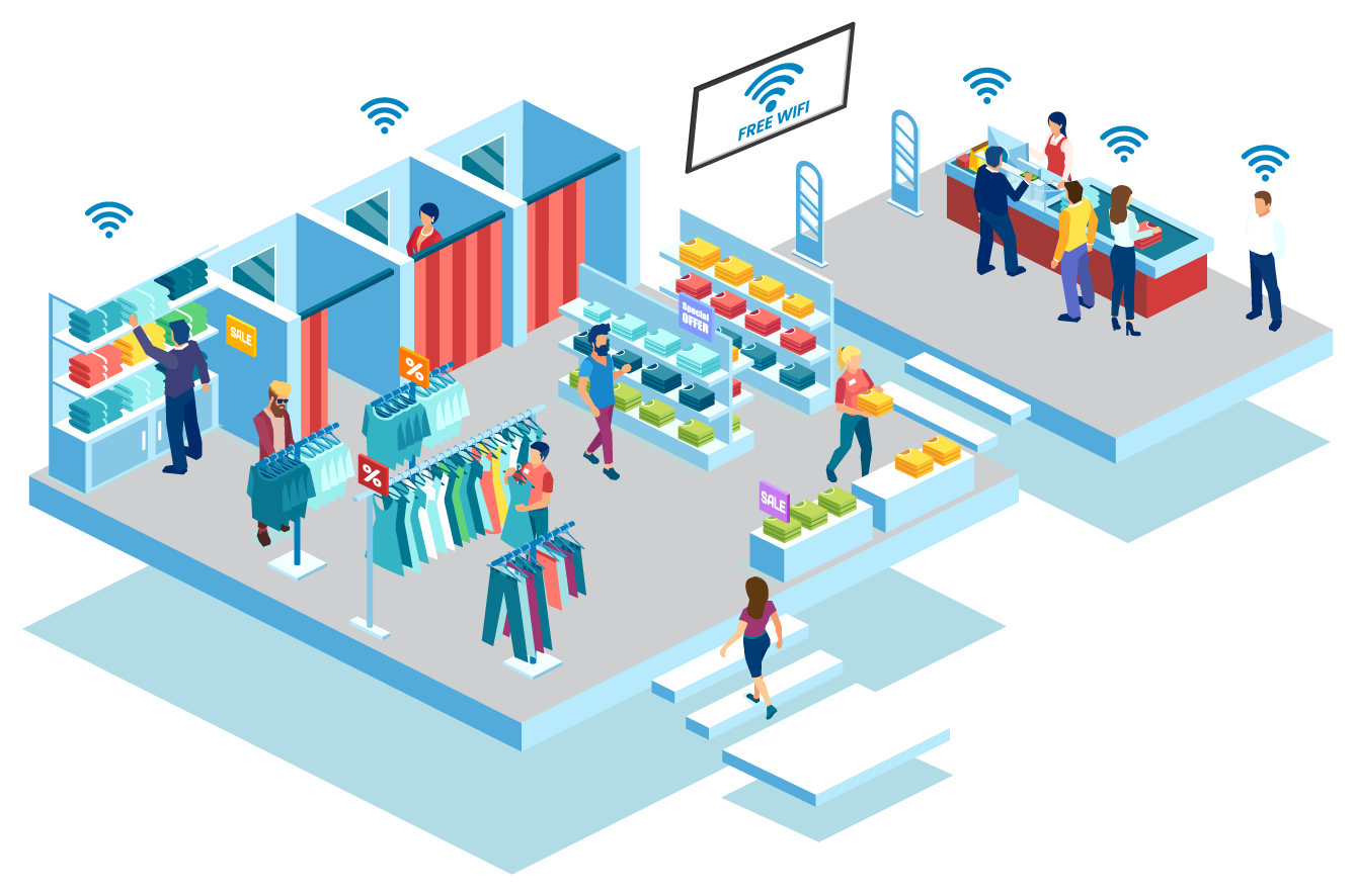 Illustration of WiFi Marketing in an isometric illustration - Datavalet - Datavalet